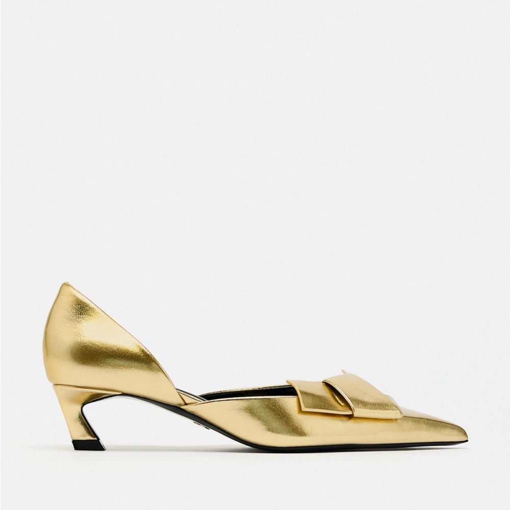 Zara Gold Heeled Pump with Bow